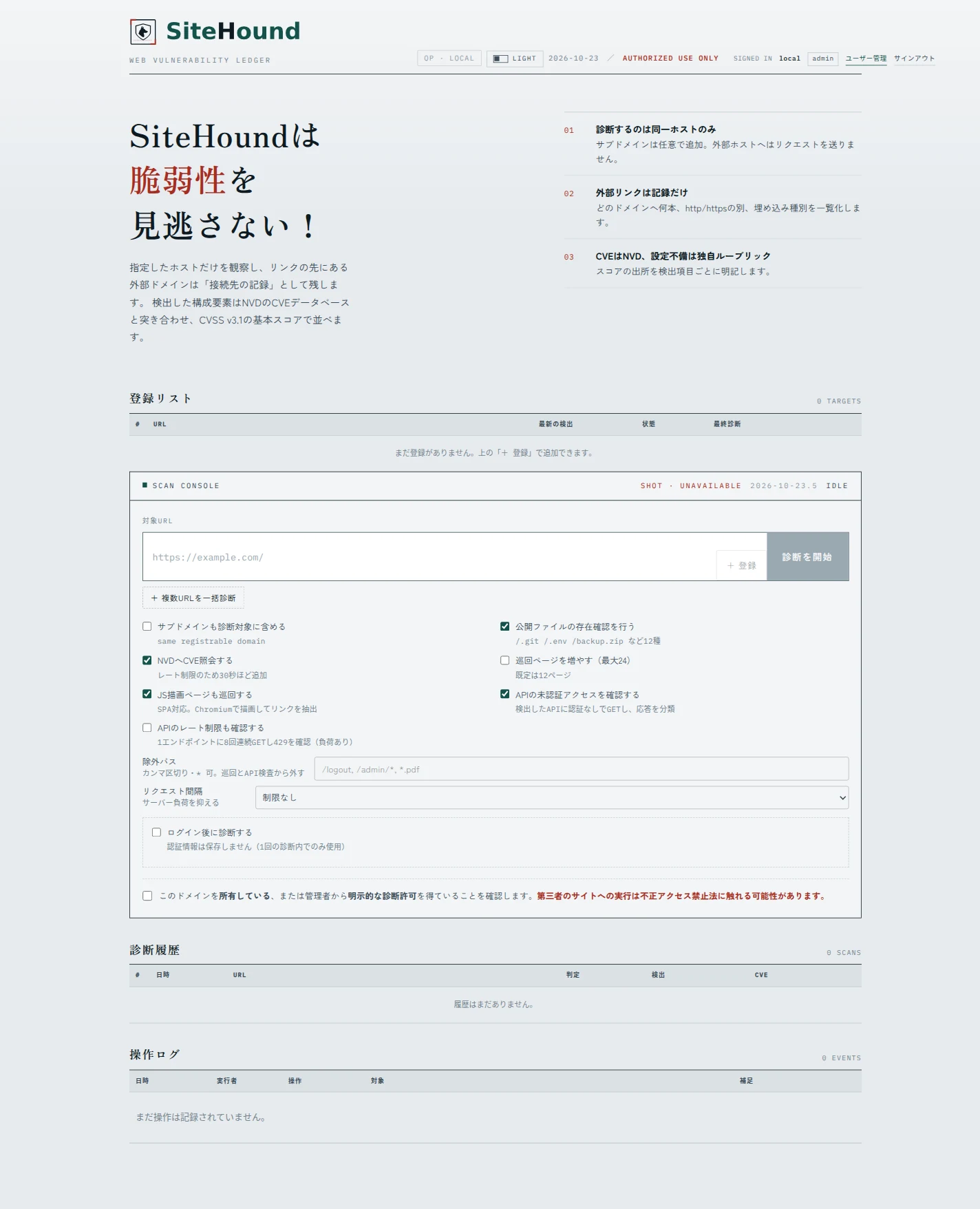 SiteHound の実際の管理画面